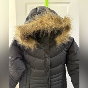 Like new Isis black Snow Queen down jacket with faux fur hood trim